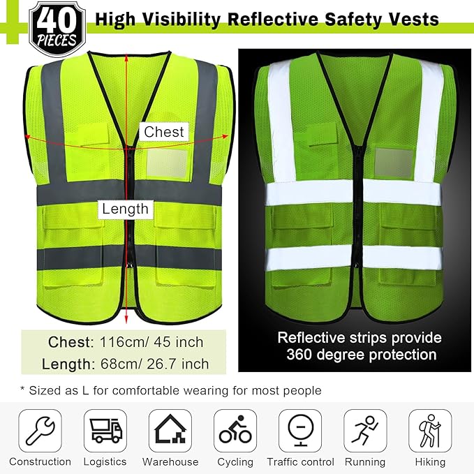 25 Pack Safety Vests Bulk Yellow Reflective High Visibility Vest with Mesh Pocket Zipper, Hi Vis Silver Strip for Men, Neon