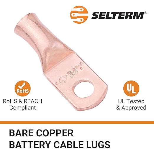 SELTERM 10pcs 8 AWG - #10 Stud - Battery Lugs, Heavy Duty Wire Lugs, Ring Terminals, Battery Cable Ends,8 Gauge Terminals, UL Bare Copper Eyelets Electrical Battery Terminal Connectors