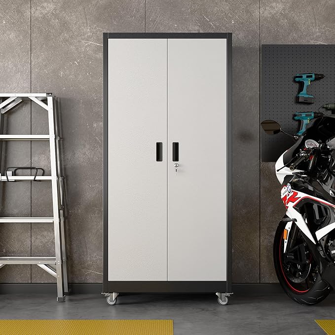 Aobabo Upgrade 71H''*34''W*18''D Metal Garage Storage Cabinet with Wheels and Pegboards, 5 Adjustable Shelves Steel Storage Cabinets for Home,Warehouse,Garage,Assembly Required,Black and Sliver