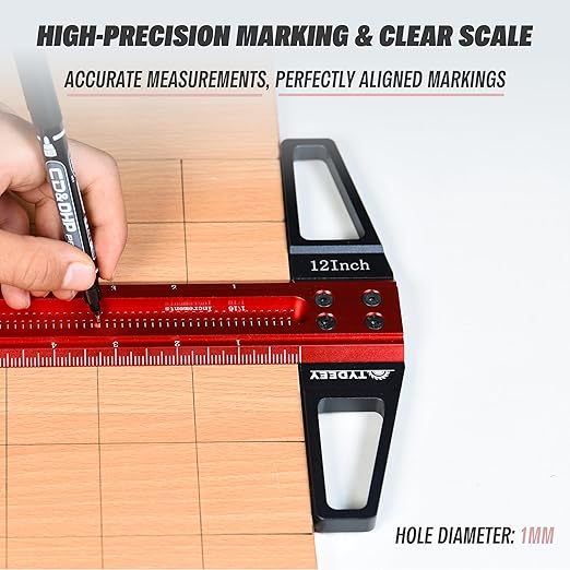 TYDEEY 12, 24, 31, 39 in Precision T-Square Ruler Woodworking Scriber Measuring Tool, Aluminum Alloy T Rulers, 90 Degree T Type Wood Layout Square for Architect and Carpenter Work (12 inch)