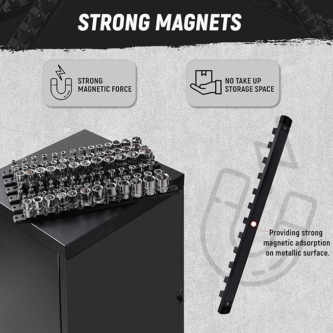 ALOANES Magnetic Socket Organizer, 1/2-Inch Drive Aluminum Socket Holder Socket Tray, Heavy Duty Socket Rail Organizer for Tool Box Drawer, 360°Swivel Clips Socket Rack 1/2-Inch x 12 Clips (Black)