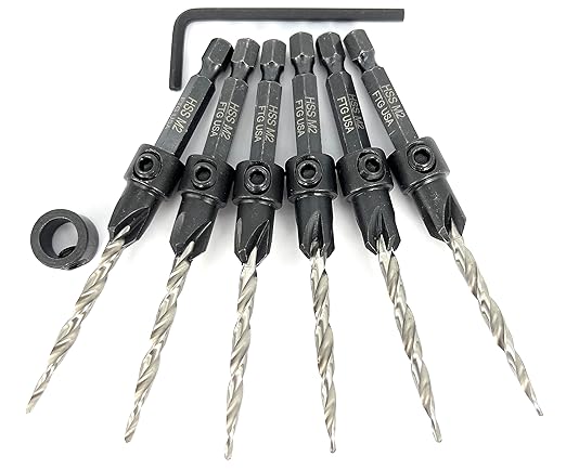 FTG USA Countersink Drill Bit Set for Wood with Tapered Drill Bit 6 Pc #8 (11/64")