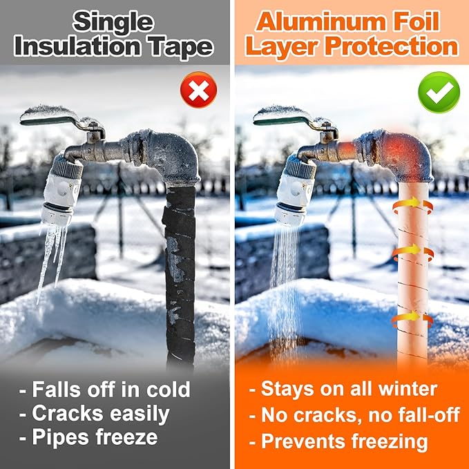 65.6ft Pipe Insulation Tape Wrap - 2pcs x 32.8ft Outdoor Winter Cold Hot Water Pipe Winterizing Self-Adhesive Foam with Aluminum Foil, Heat Preservation Reduce Heat Loss, 2" Wide