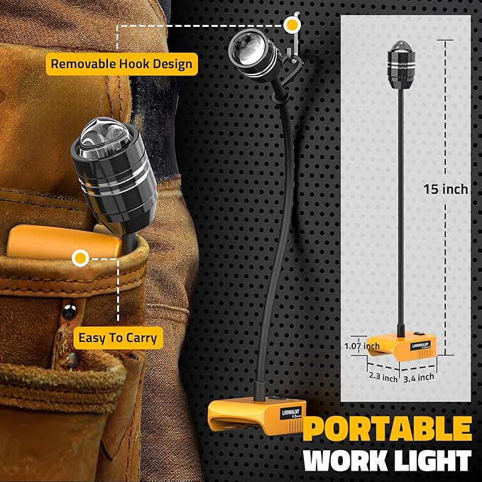 LIVOWALNY 2PCS LED Work Light Compatible with Dewalt 20V Battery, 20W 2000LM LED Flood Light, 12" Flexible Gooseneck, Flashlight with USB-A & Type-C Charging Port, Low Voltage Protection (No Battery)