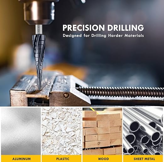 Four Sprial Flute M35 Cobalt Step Drill Bit, 1/8"-1/2" Ultra TiAIN Coated Unibit Step Bit, 1/4" Hex Shank Drill Bit for Metal, Stainless Steel, Aluminum, Copper, Wood, PVC