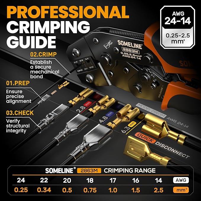 SOMELINE Spade Connector Crimping Tool Kit 24-14 AWG, 40 Types 2.8/4.8/6.3/7.8 mm Non-Insulated Spade Terminals and Terminal Housings - Open Barrel Crimping Tool, Ratchet Wire Crimper Tool