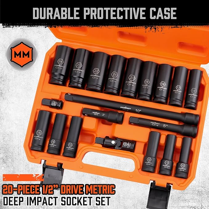 HORUSDY 1/2" Drive Impact Socket Set, 20 Pcs Metric (10mm - 24mm) Deep Socket Set, 6 Point, Cr-V, Includes 1/2-Inch Drive Ratchet Handle, Extension Bar, Universal Joint and Adapter