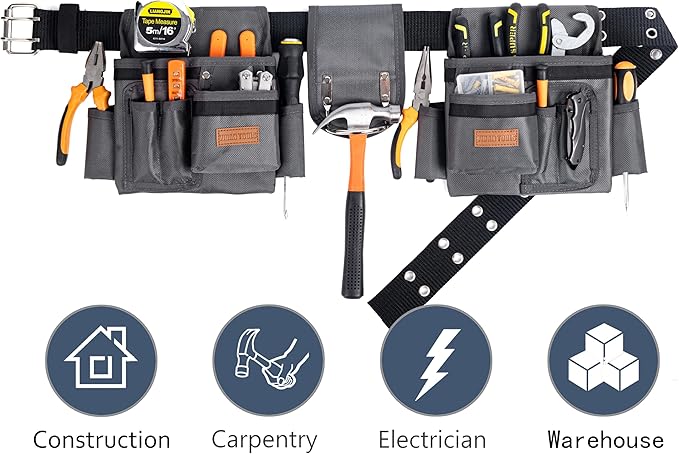 Tool Belt,12 Pockets Tool Belts for Men, Heavy Duty Carpenter/Construction/DIY'er/Electrician .Double layer thickened polyester fiber with waterproof coating.