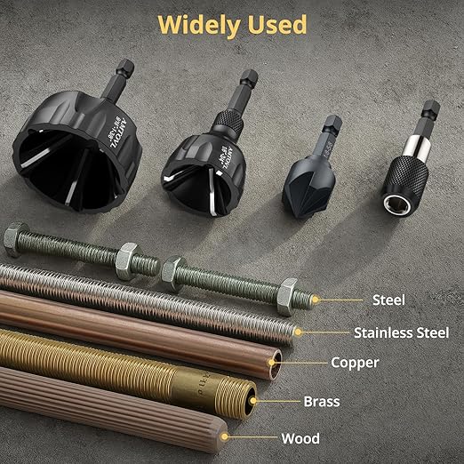 AMTOVL 4PCS Deburring External Chamfer Tool & Countersink Drill Bit Set - YG8 Tungsten Carbide & M2 HSS, Quick Release Chamfering Tool for 1/8"-1-3/8" Bolts, Thread Repair & Metal Edge Deburring
