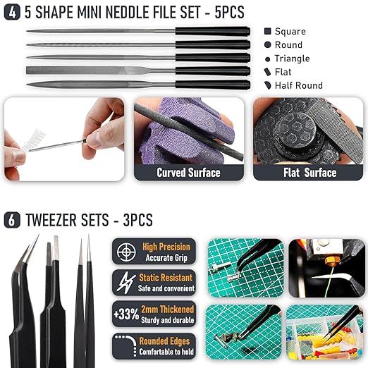 3D Printer Tools Kit, Quality 3D Printer Accessories for All FDM/SLA Printers Nozzle Cleaning, Model Finishing&Removing Mirror Polishing Scrapers, 5 Types of Files,3 Brushes, Wire Cutter