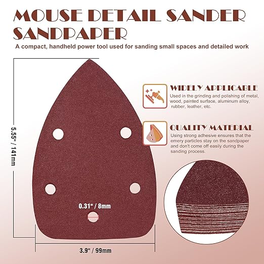180 Grit Mouse Sander Sandpaper, Jamiikury 5 Hole Detail Sander Sandpaper Palm Sander Paper Mouse Sanding Pads Hook and Loop Sanding Sheets - Pack of 20