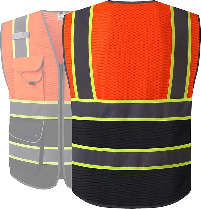 JKSafety 9 Pockets Class 2 High Visibility Dual Color Zipper Front MESH Lite Safety Vest | Yellow Color Triming Reflective Strip | ANSI/ISEA Standards (100-Orange-Black, L)