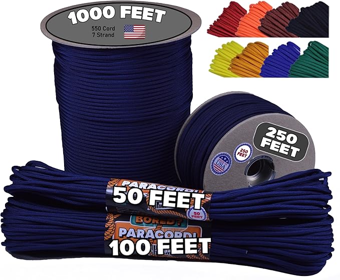 BORED? PARACORD! 550 lb Paracord - Ideal for Crafting, Camping, DIY Projects, Active & Military Outdoors - Strong Survival Rope - Tactical Parachute Cord Type III - Acid Midnight Blue 250 Feet