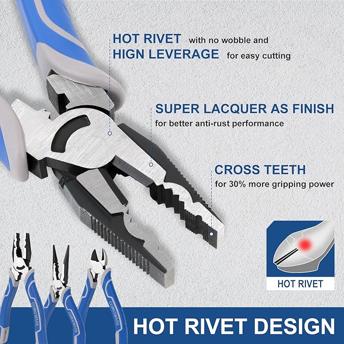 COMOWARE Large Pliers & Wrench Set 8Pcs with Pouch(12", 10", 8" Groove Joint Pliers, 8" Adjustable Wrench, 8" Linesman, 6" Long Needle Nose, 6" Slip Joint, 6" Diagonal) for Home & DIY