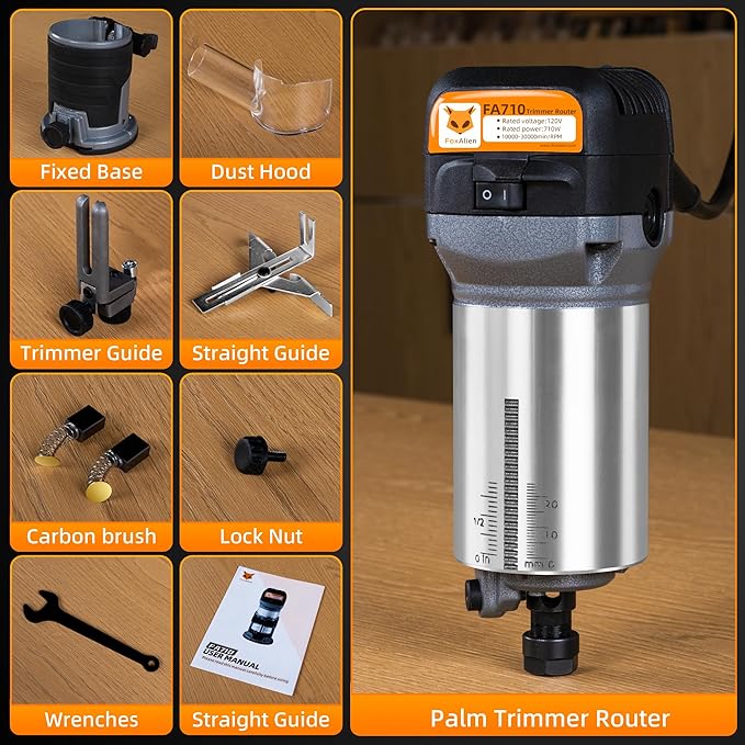 FoxAlien 1HP 710W 65mm Diameter Compact Palm Router for CNC Woodworking,6 Variable Speeds Max 30000 R/MIN Wood Trimmer with 1/4” Collet (110V)
