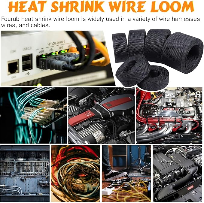 50% Ratio Heat Shrink Automotive Wire Loom Shrinkable Braided Sleeving Fabric Shrink Tubing Wear-Resistant Woven Wire Sheathing(1-3/8"-10ft)