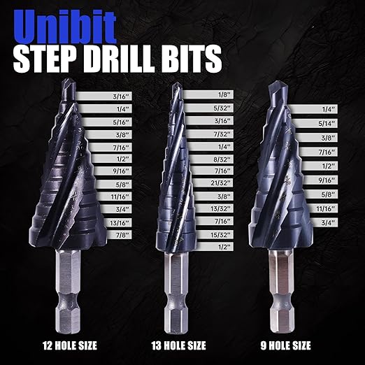 Four Spiral Flute Cobalt Step Drill Bit, 1/4"-3/4" M35 Cobalt Step Drill Bit Wear-Resistant AlTiN Coated, 1/4" Hex Shank for Hole Drilling in Stainless Steel, Copper, Aluminum, Wood, Plastic