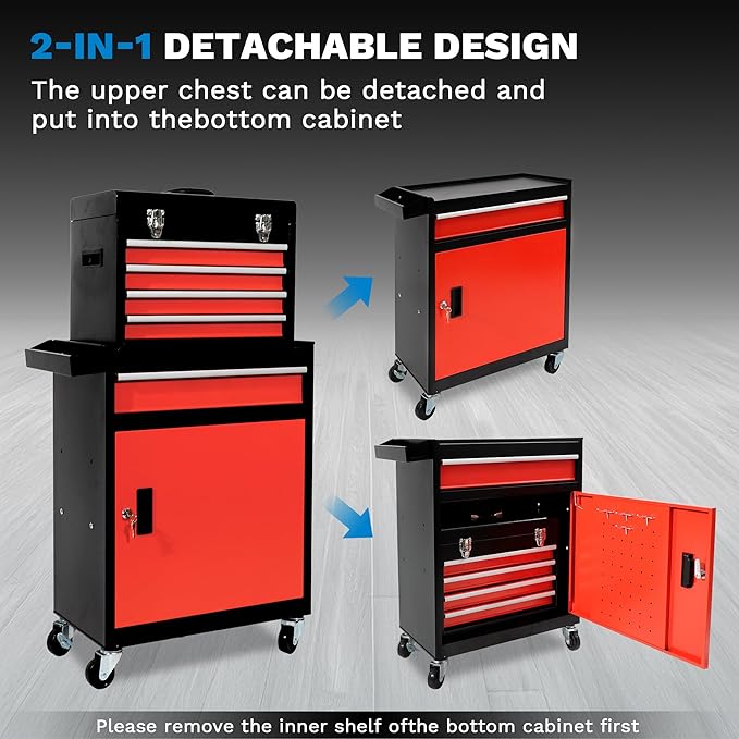 Rolling Tool Box, 5 Drawer Tool Chest with Wheels, Tool Box Organizer with Detachable Top, Lockable Drawers & Sliding Storage for Garage & Workshop
