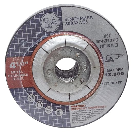 Benchmark Abrasives Grinder Cut Off Wheels 4 1/2 Inch Aluminum Oxide Depressed Center Thin Type 1 for Metals, .045" Thick 7/8" Arbor, Angle Grinder Cutting Disc, Grinding Cutting Wheel - 50 Pack