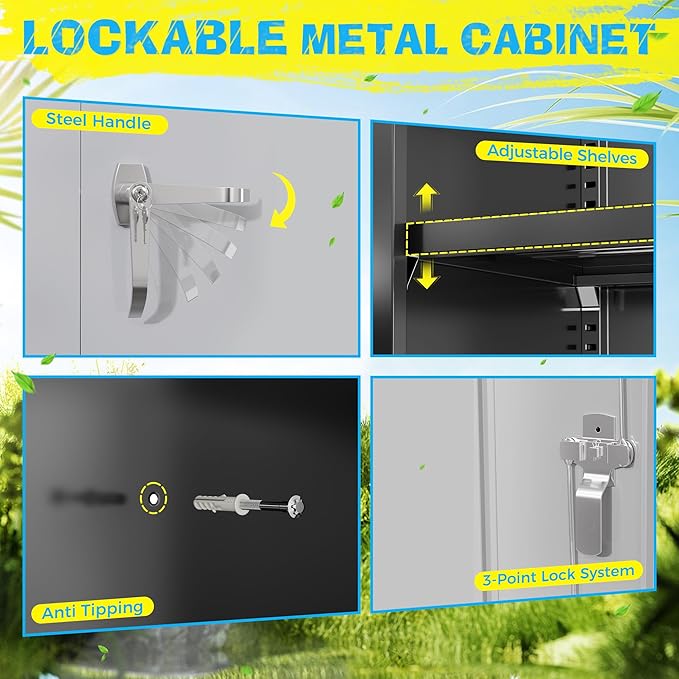 Pataku Metal Storage Cabinet, 71" Garage Cabinet with Doors and Shelves Lockable Steel Multifunctional Cabinets, File Cabinets for Home, Office, Warehouse(Black Grey)