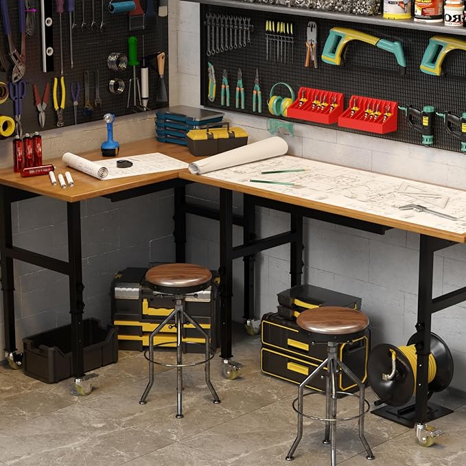48” Adjustable Wood Work Bench, Heavy Duty Work Table with Power Outlets & Drawers Wheels for Workshop, Garage, 3000 Lbs Capacity