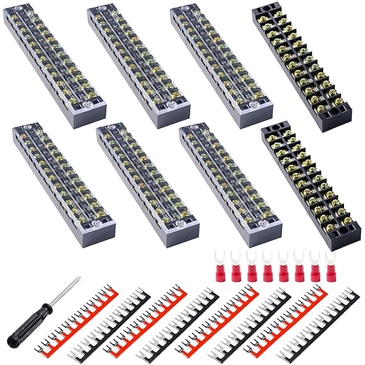 Terminal Block (8 Sets) 8Pcs 12 Positions Dual Row 600V 25A Screw Terminal Strip Blocks with Cover&8Pcs Pre-Insulated Barrier Termina Block Strip&96Pcs Insulated Fork Wire Connector