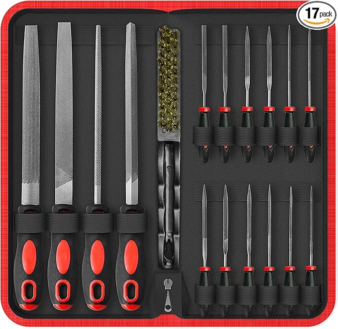 NORTOOLS 17 PCS T12 Steel File Set, Flat/Round/Triangle/Half-Round Hand Set with Needle File & Brush for Woodwork, Metal, Model & Hobby Applications