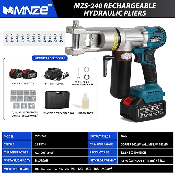Electric Hydraulic Cable Lug Crimping Tool 9 Ton Hydraulic Electrical Wire Terminal Cable Lugs Crimper Rechargeable Crimping Tool Kits with 11 Dies, 8 AWG to 500 MCM