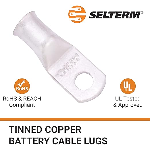 SELTERM 10pcs 2 AWG-1/4 Stud Tinned Copper Wire Lugs, Heavy Duty Battery Cable Ends,2 Gauge Ring Terminals, UL Battery Lugs Marine Grade Copper Eyelets Electrical Battery Terminal Connectors