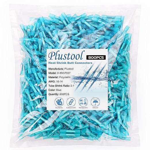 800PCS Blue Heat Shrink Butt Connectors AWG16-14, Plustool Marine Grade Electrical Wire Connectors, Tinned Red Copper 0.8mm, Insulated Waterproof Crimp Terminals Butt Splice for Cable,Boat,Wiring