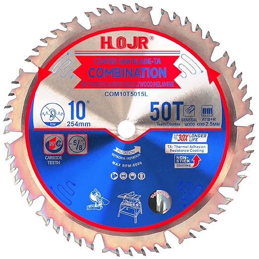 Circular Saw Blade Woodworking TA Series 10" 50-Tooth 5/8" Arbor, Combination Wood Cutting Saw Blade,Special Anti-Thermal Adhesion Coating on Cutting Head -TA, COM 10" 50T 5/8"