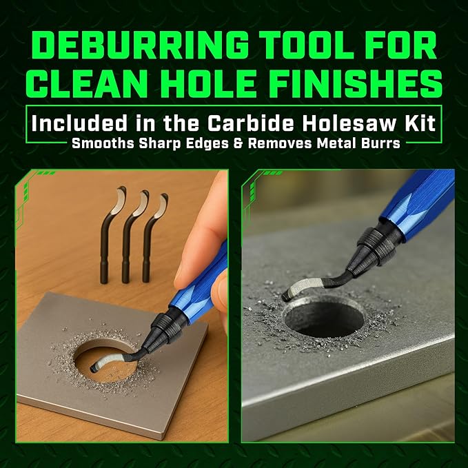 Tungsten Carbide Hole Saw Kit 22 Pcs – Carbide Hole Saw Set 9/16" to 2-1/8" for Metal, Stainless Steel, Wood – Includes 2 Drill Bits, Deburring Tool, 4 Blades, 3 Allen Wrenches – Industrial & DIY Use