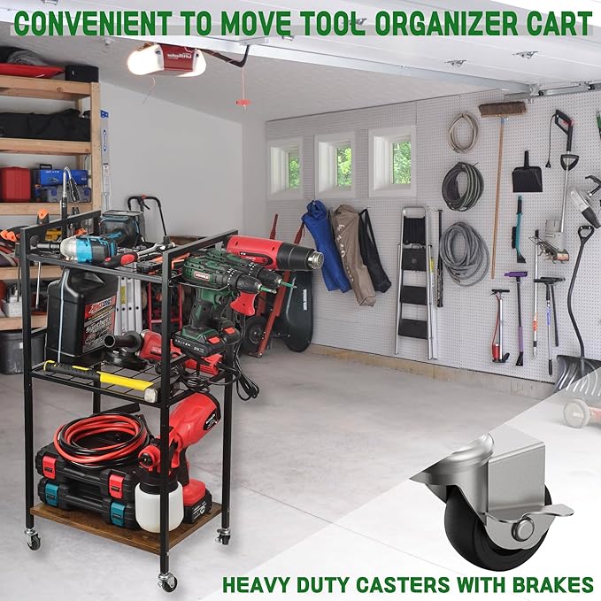 ULIBERMAGNET Power Tool Storage Organizer Cart, Metal Open Tool Rack Cart with Wheels,Heavy Duty Rolling Utility Storage Drill Rack Shelf for Garage, Shed, Yard Tool Holder, Basement,Gift Ideas