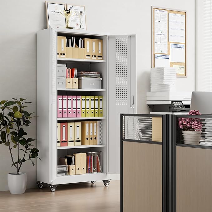 73 Inches Metal Storage Cabinet on Wheels,Garage Storage Cabinet with Wheels and 4 Adjustable Shelves,Rolling Cabinets for Garage,Office,Warehouse,Assemble Required(White)