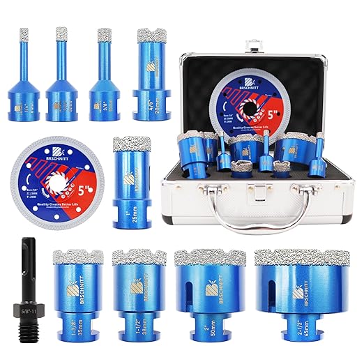 Diamond Core Drill Bit Set - for Porcelain Tile Ceramic Marble Granite Drilling,BRSCHNITT 1/4" 5/16" 3/8" 4/5" 1" 1-3/8" 1-1/2" 2" 2-1/2" Vacuum Brazed Diamond Hole Saw with 5/8-11 Thread