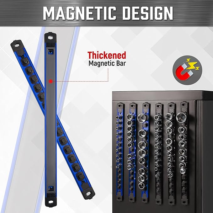 ALOANES 3-Piece Magnetic Socket Organizer, Heavy Duty Aluminum Socket Rails Organizer, 360° Swivel Clips Socket Holder Kit for Tool Box, 1/4-Inch Socket Holder x 42 Clips (Blue)