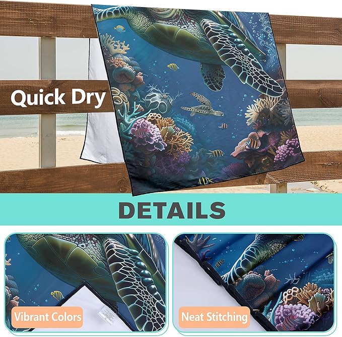 Sea Turtle Beach Towel Oversized 36" x 72", Thin Lightweight Sand Free Quick Dry Microfiber Towel for Swimming Pool Cruise Camping Travel