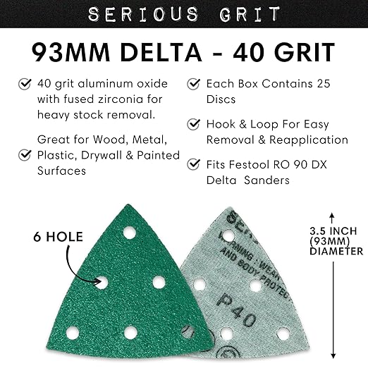 3.5" (93mm) 6-Hole 40 Grit Triangle Sanding Sheets - Fits Festool Rotex RO 90 Delta - Heavy-Duty Hook & Loop Film Disc Abrasives - Sandpaper for Detail Sanders - 25 Pack Box