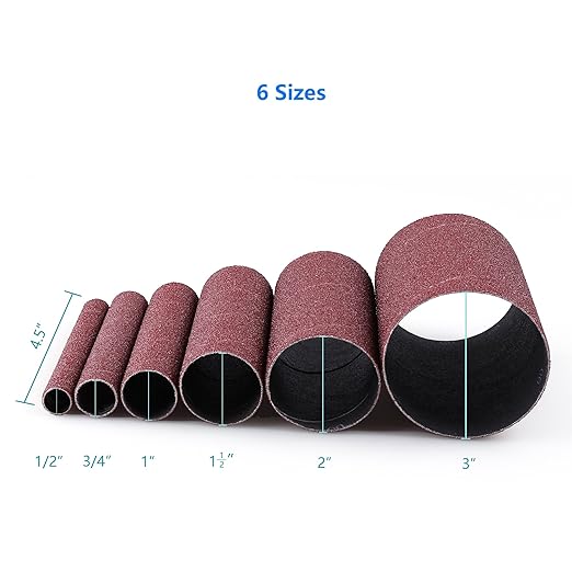 LotFancy 24PCS Spindle Sander Sleeves, 60 Grit Sanding Sleeves, Aluminum Oxide Abrasive, 4-1/2” Length, 4 Each of 1/2”,3/4”,1”,1-1/2”, 2” and 3”