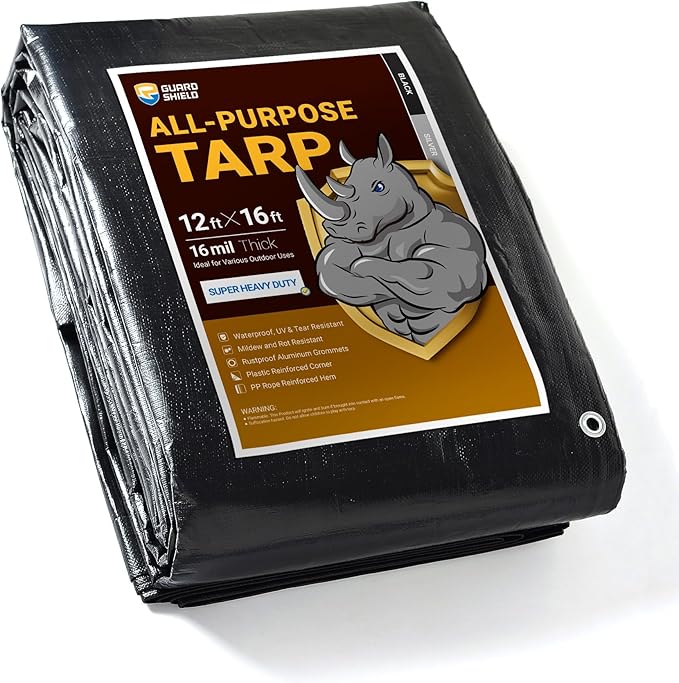 GUARD SHIELD Super Heavy Duty Black/Silver Ploy Tarp Cover 12x16 Feet Waterproof Tarps 16mil Thick UV and Tear Resistant Tarpualin