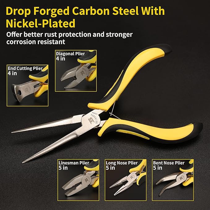 BOSI TOOLS 6-piece Mini Pliers Set, Needle Nose Pliers, Diagonal Pliers, Long Nose Pliers, Bent Nose Pliers, End Cutters and Linesman Pliers, with Storage Pouch Making Craft Electronic Repair