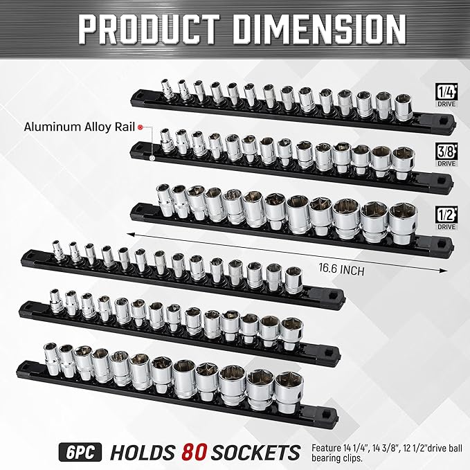 ALOANES 6-Piece Magnetic Socket Organizer, Heavy Duty Aluminum Socket Rails Organizer, 360° Swivel Clips Socket Holder Kit for Tool Box, 1/2, 3/8, 1/4-Inch Socket Holder x 80 Clips (Black)