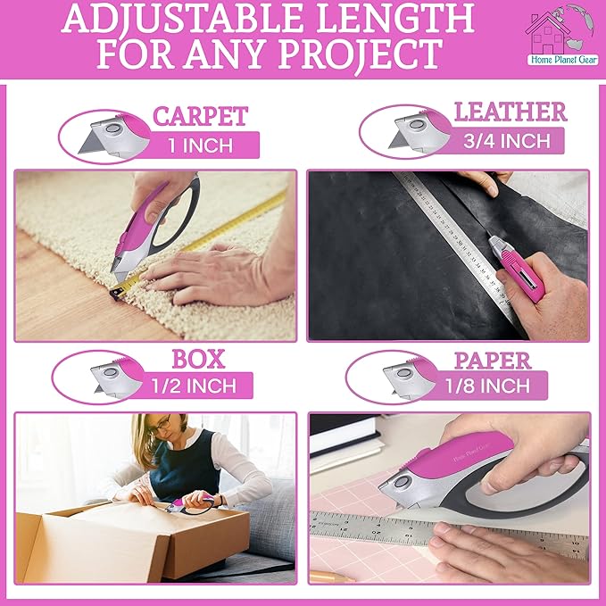 Pink Box Cutter Retractable Utility Knife - Two Pack Heavy Duty Cardboard Carton Cutter Opener Retracting - with 5 Sharp Utility Razors