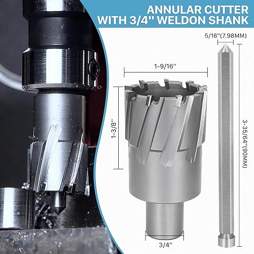 KEENTECH Carbide-Tipped Annular Cutter, 1-9/16" Diameter x 1-3/8" Depth, 3/4" Weldon Shank (2 Flat), High Speed Cutting TCT Mag Drill Bit with Pilot Pin for Harder Material, Stainless Steel, Cast Iron