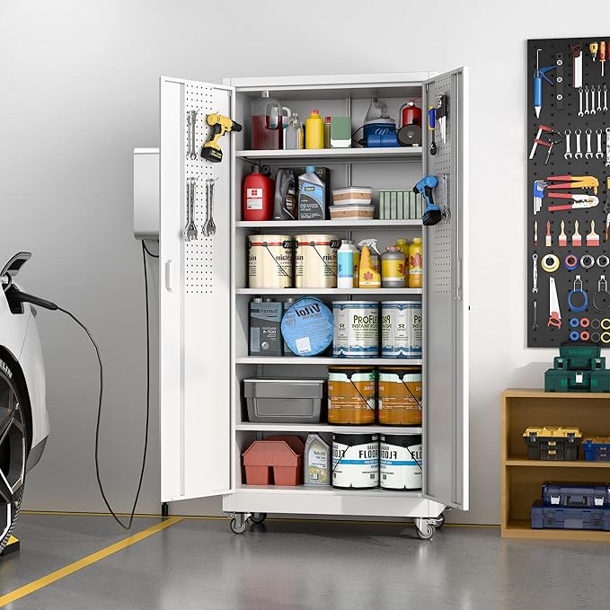 Aobabo Upgrade 71H''*32''W*16''D Metal Garage Storage Cabinet with Wheels and Pegboards, 5 Adjustable Shelves Steel Storage Cabinets for Home,Warehouse,Garage,Assembly Required,White