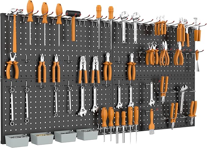 WALMANN Metal Pegboard Kit with Accessories for Wall, Garage Tools Storage Pegboard System for Garage, Workbench, Modular Peg Board Tool Organizer Board with Hooks(Black)
