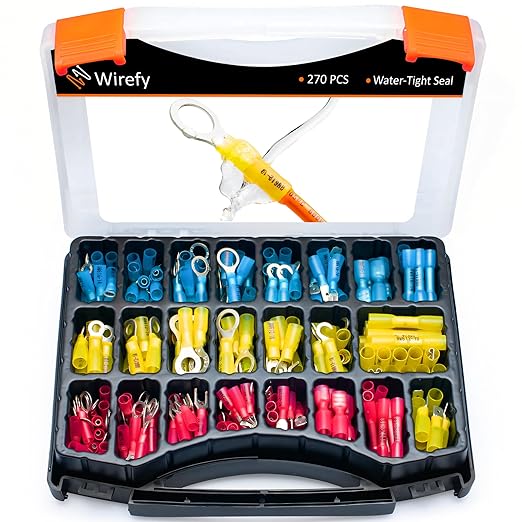 Wirefy Heat Shrink Wire Connectors Kit - Marine Grade Electrical Connectors - Automotive Butt Connectors - Insulated Ring, Spade, Fork, Hook Crimp Terminals - 22-10 Gauge - 270 PCS
