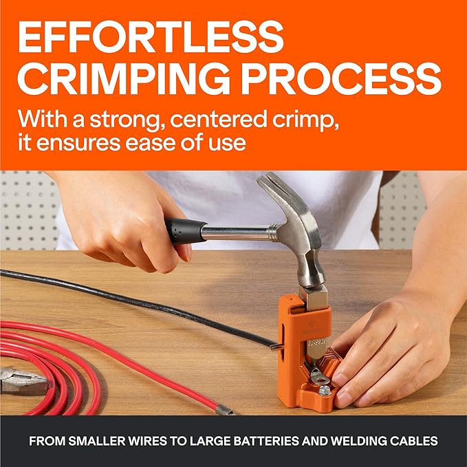Wirefy Hammer Lug Crimper Tool - Cable Battery Wire Crimping Too Made with Hardened Stainless Steel - Accommodates Gauges from 8 AWG to 4/0