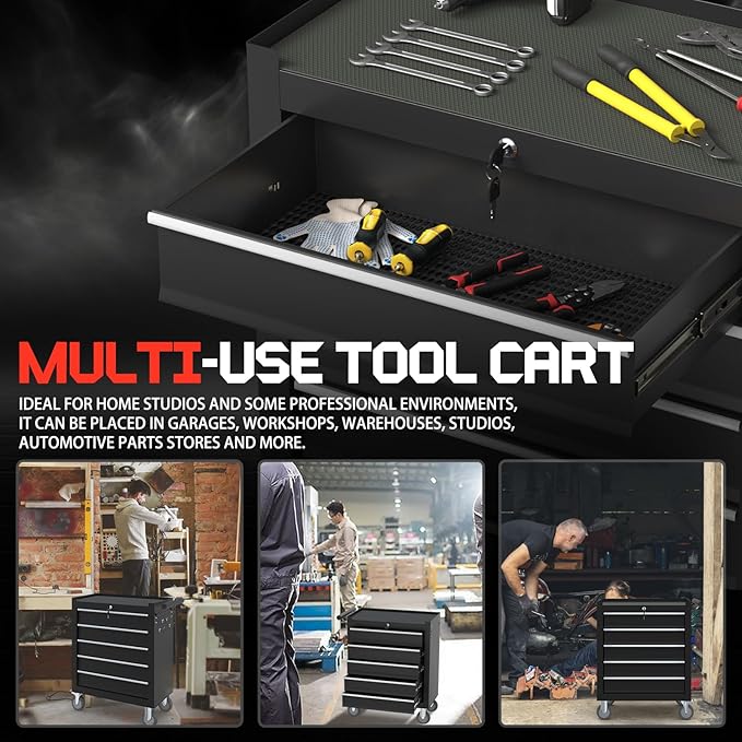 5-Drawer Rolling Tool Box, Metal Tool Chest with Wheels and Locking, Portable for Warehouse, Garage, Repair Shop, Workshop (Black, 5-Drawer)