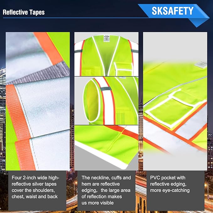 SKSAFETY 10 Pockets Safety Vest, Class 2 High Visibility Security with Zipper, Hi Vis Vest with Reflective Strips, ANSI/ISEA Standard, Construction Work Vest for Men ＆ Women （Lime, 2XL）